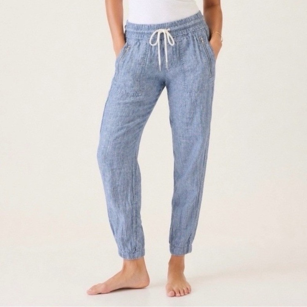 Athleta Womens Cabo Linen Jogger Pants Size 4 Blue Elastic Waist Casual Coastal